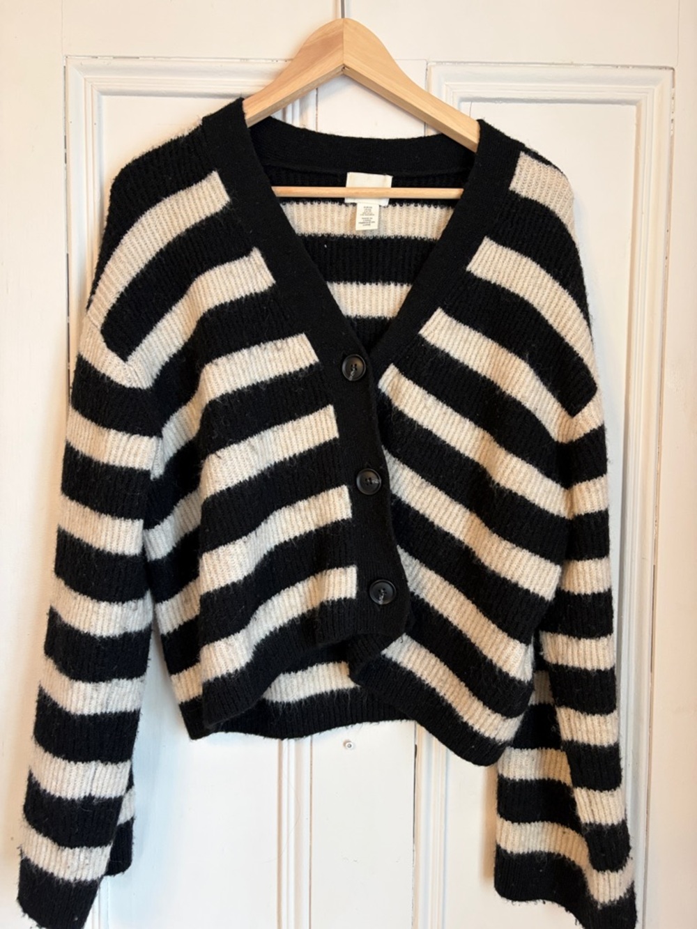 H&M Black and Cream Striped V-Neck Button Cardigan